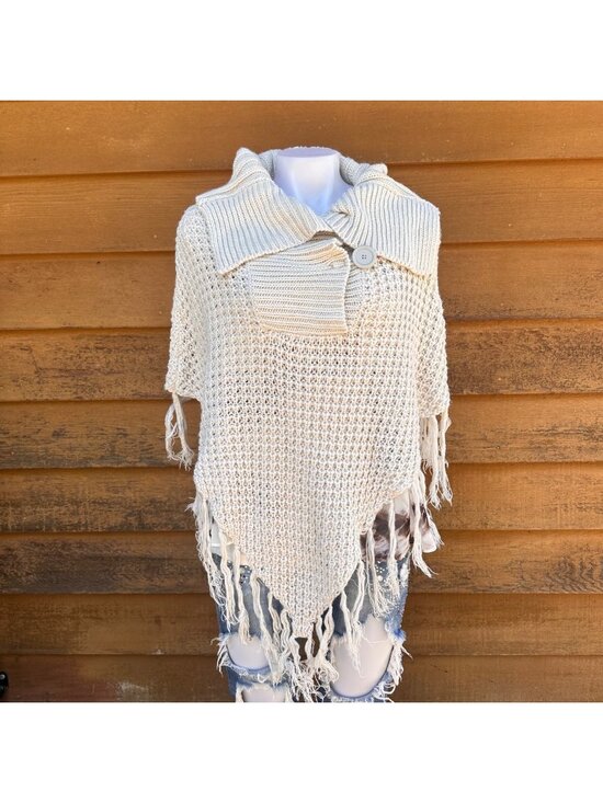 Say What Sweaters - Say What Y2K Beige Woven Acrylic Fringe Poncho Button Collar Open Knit Design